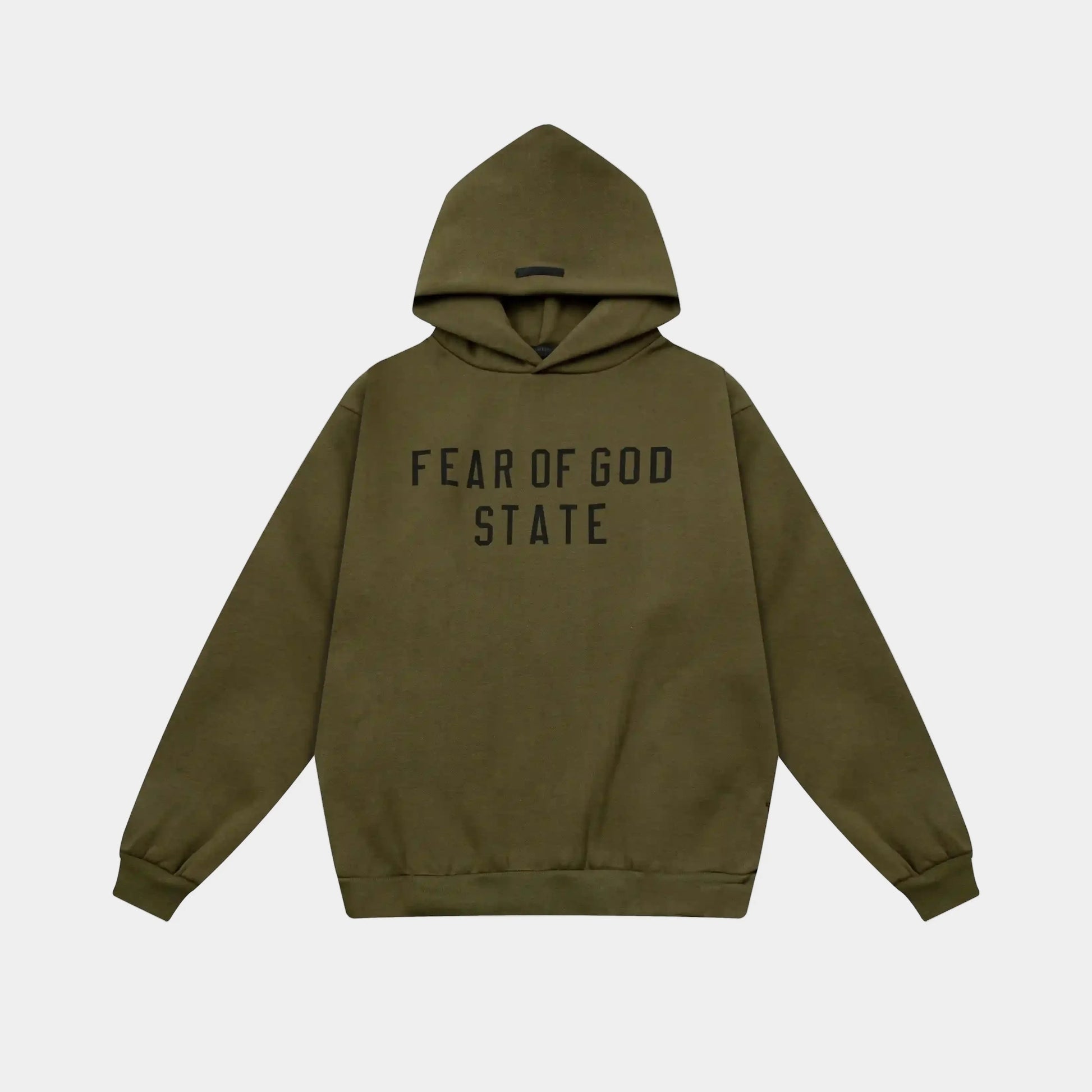 Fear of God Essentials woodland hoodie front view with rubberized Black Bar branding