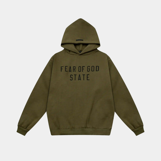 Fear of God Essentials woodland hoodie front view with rubberized Black Bar branding