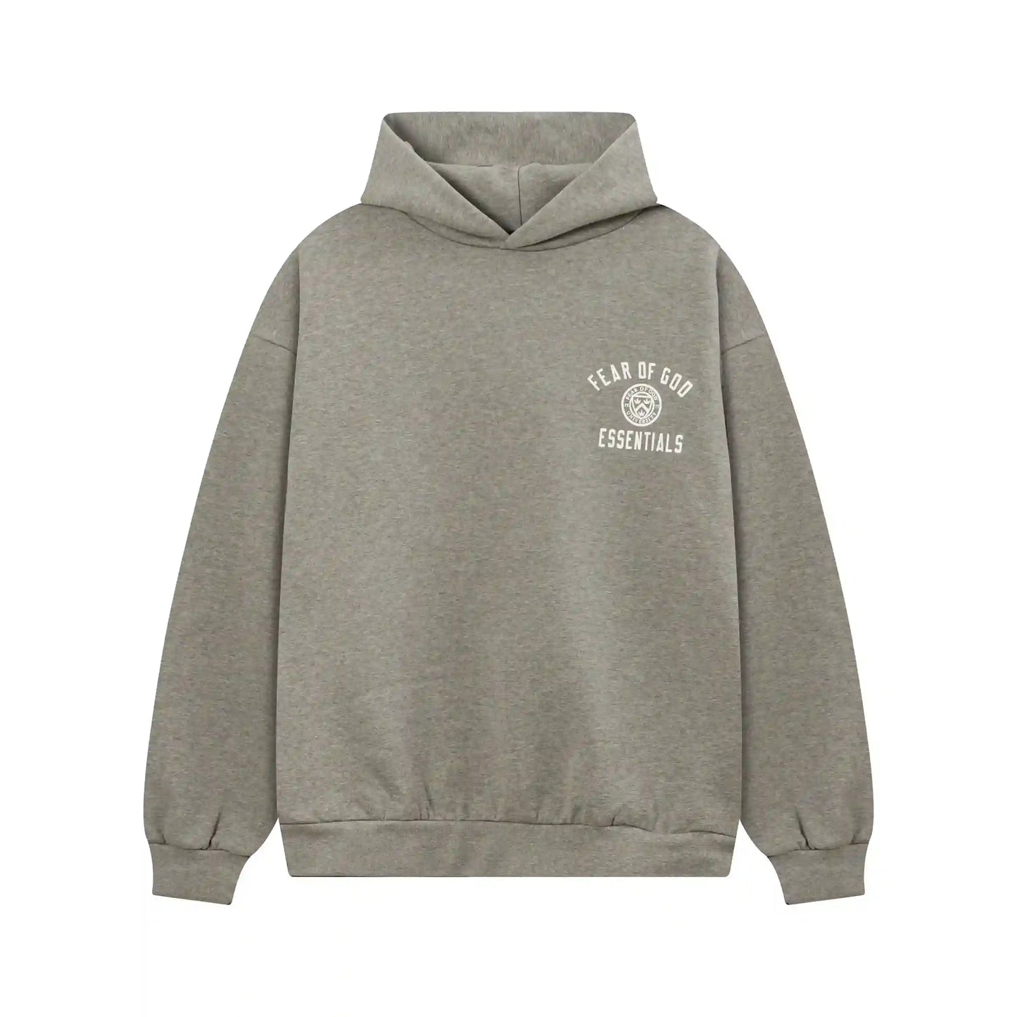 Essentials grey tracksuit hoodie branding detail close-up