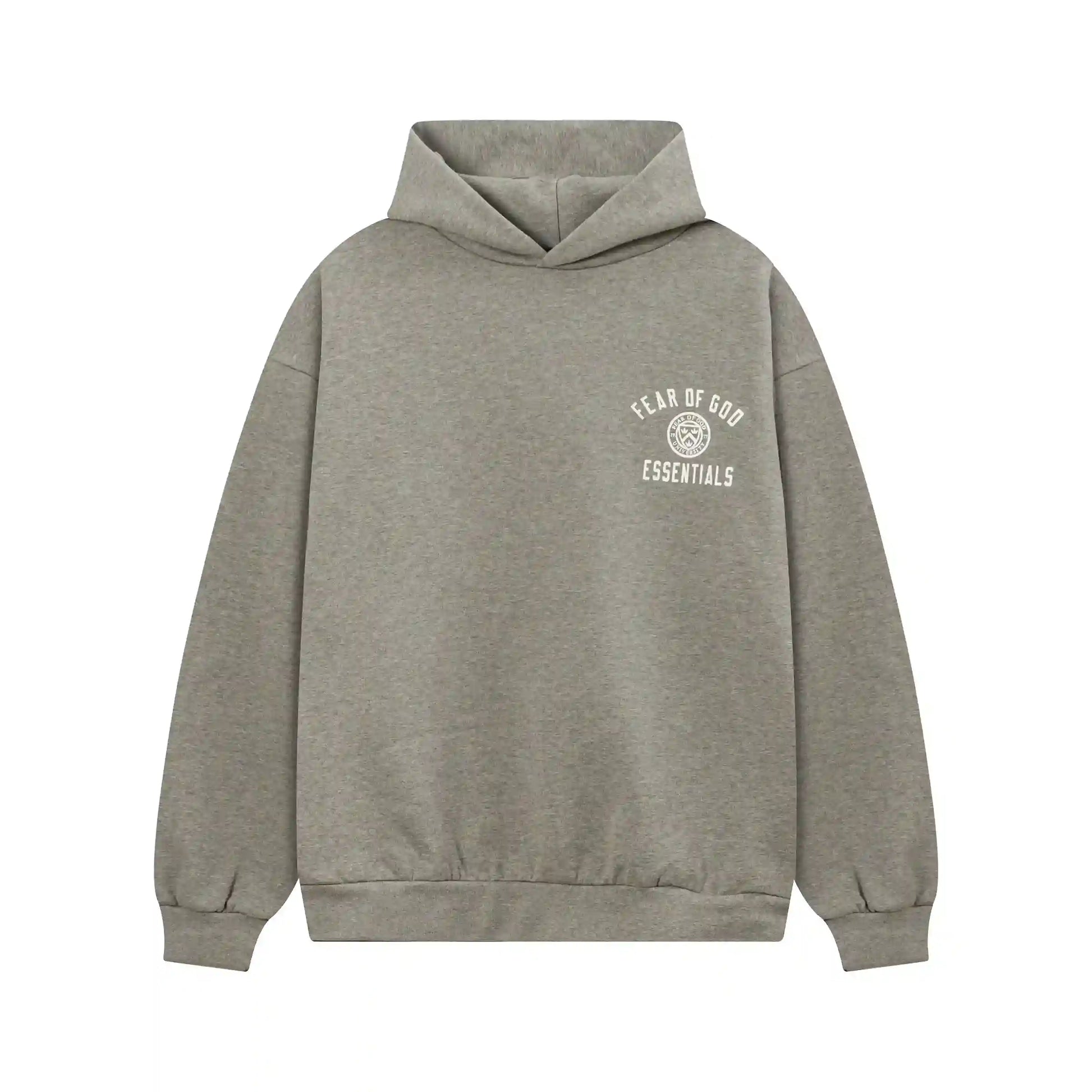Essentials grey tracksuit hoodie branding detail close-up