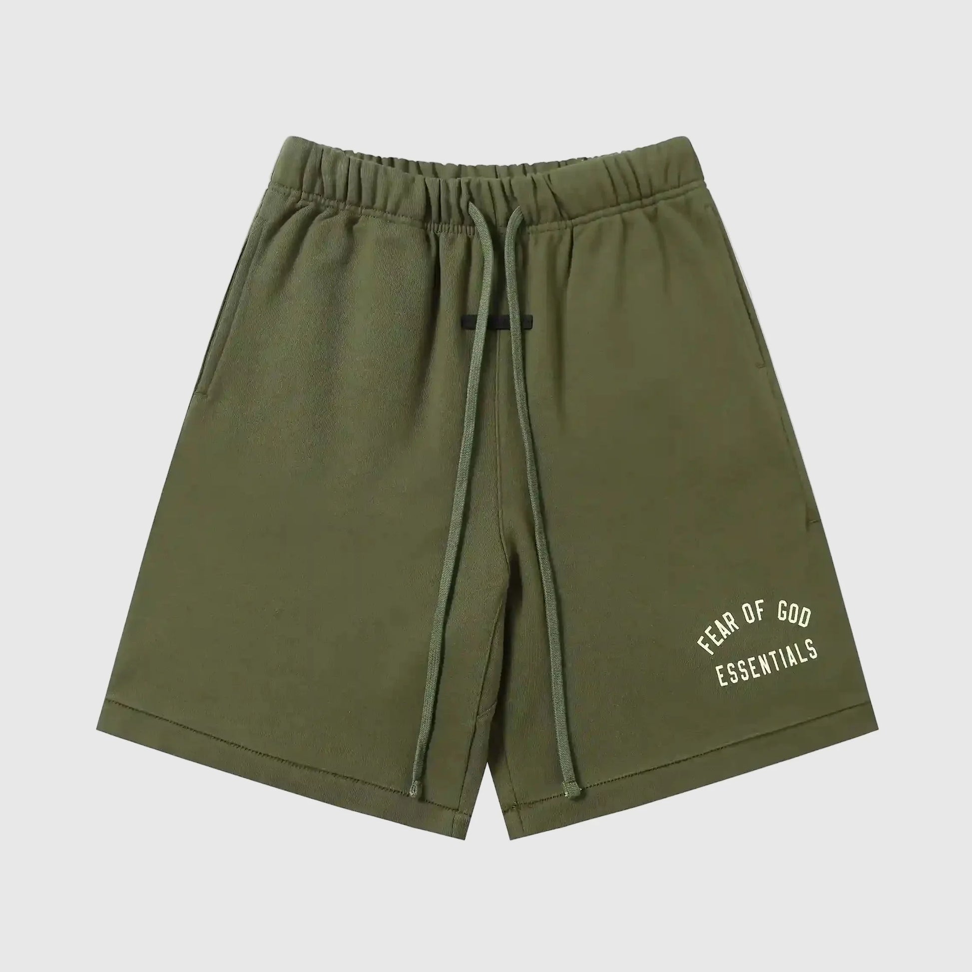 Fear of God Essentials Hemlock green fleece shorts with tonal branding and long drawstrings