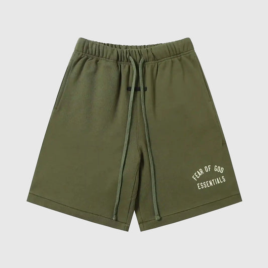 Fear of God Essentials Hemlock green fleece shorts with tonal branding and long drawstrings