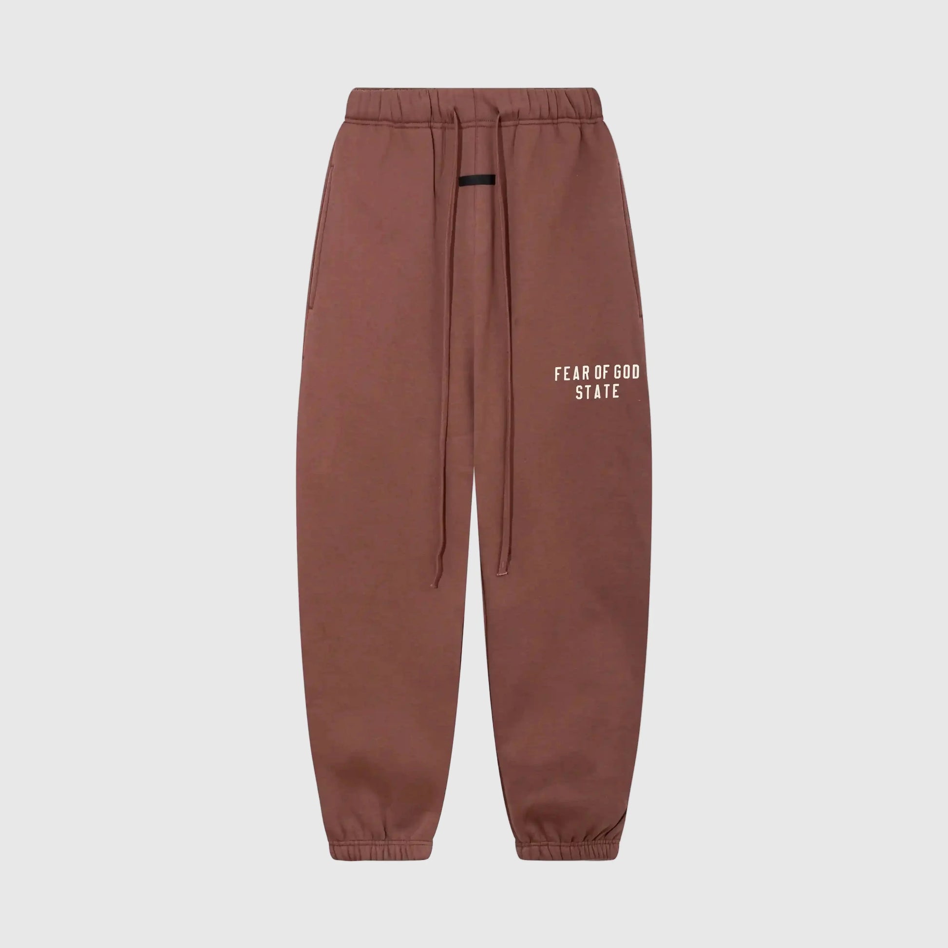 Premium fleece fabric detail on dark chestnut sweatpants by Fear of God