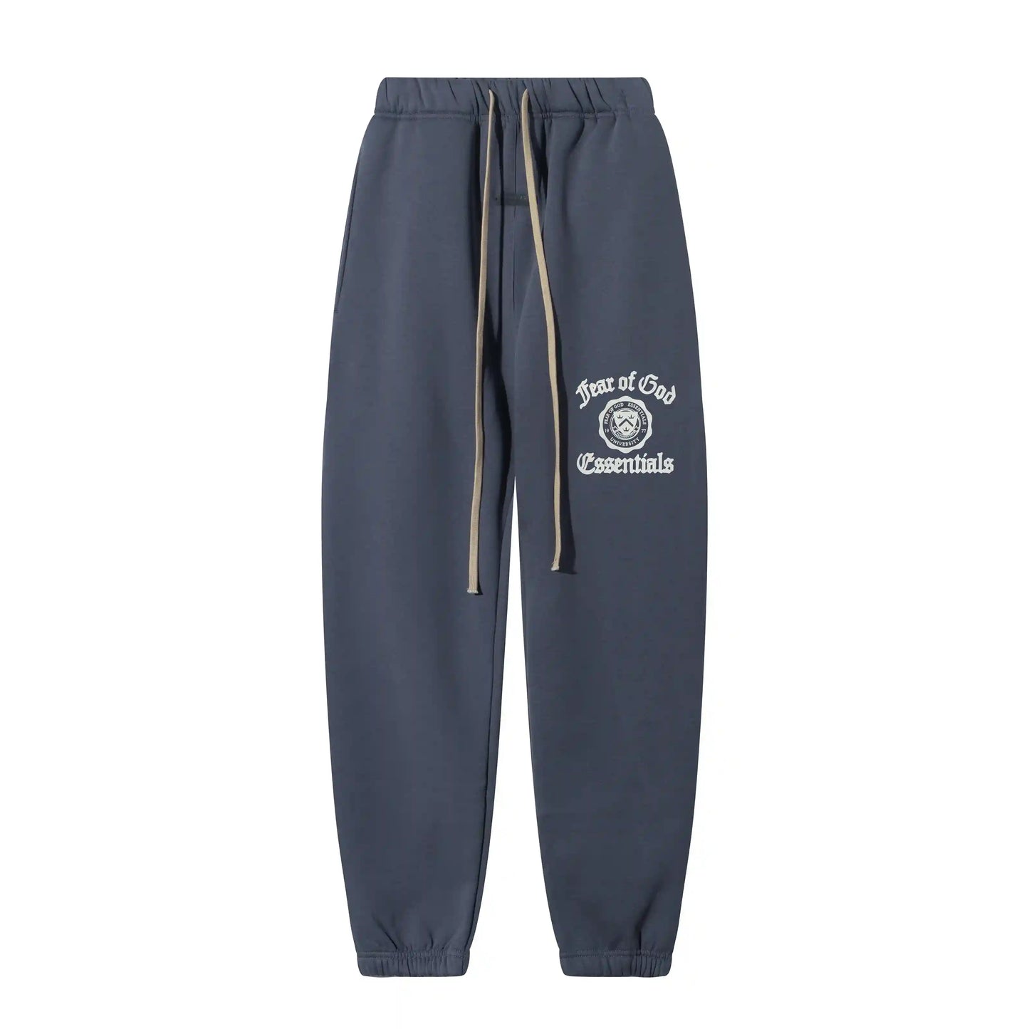 Blue Essentials joggers soft-touch rubberized logo on leg close-up