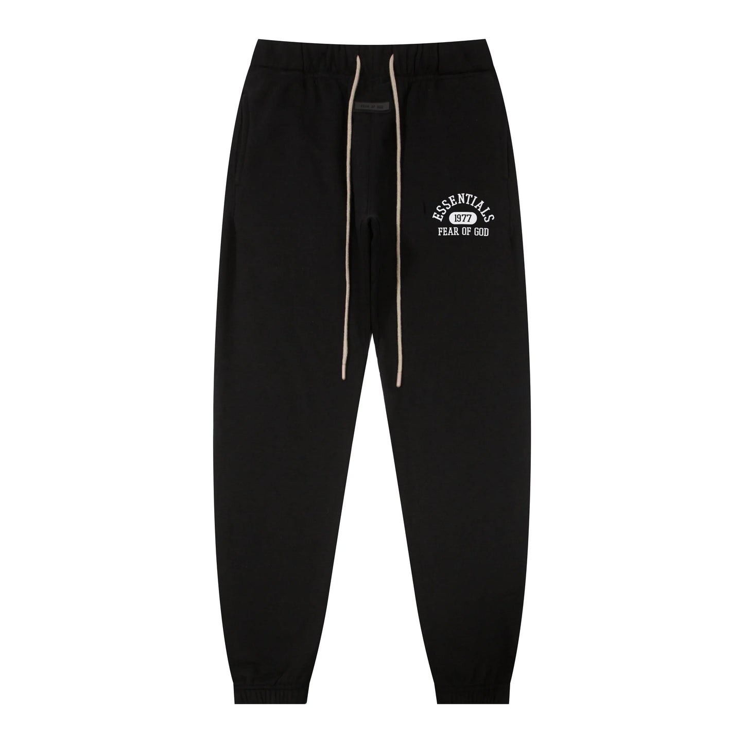 Back view of Essentials black core comfort fleece tracksuit set by Fear Of God