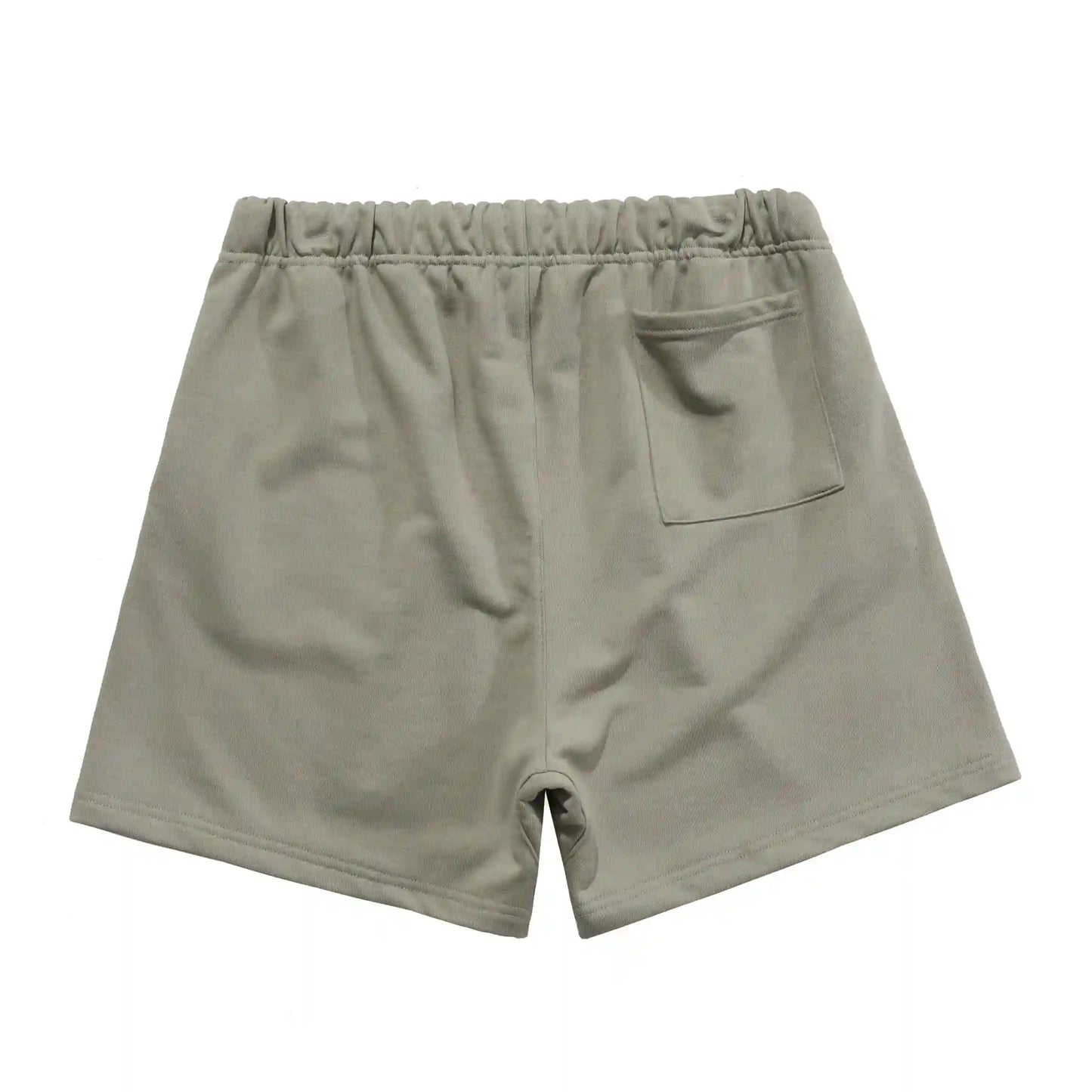 Front view of Fear of God Essentials heather grey sweat shorts with drawstring waistband and logo patch.