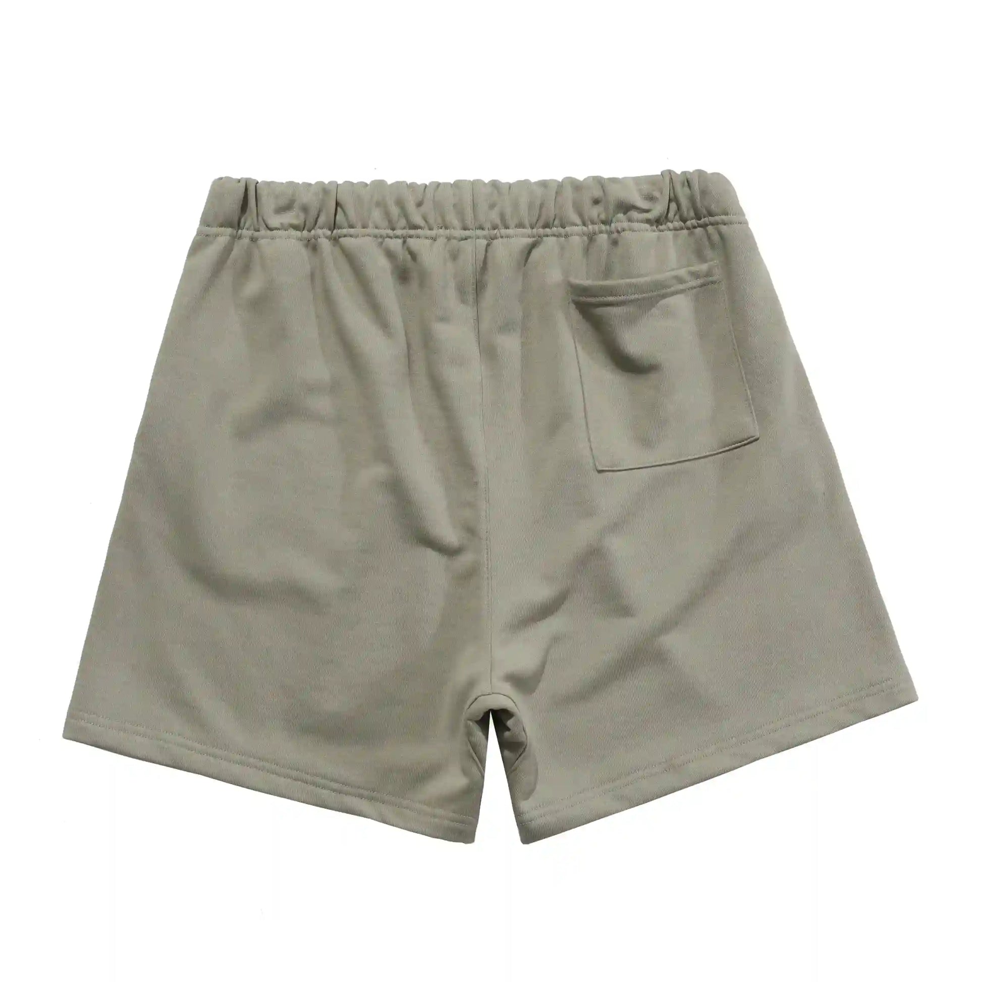 Front view of Fear of God Essentials heather grey sweat shorts with drawstring waistband and logo patch.