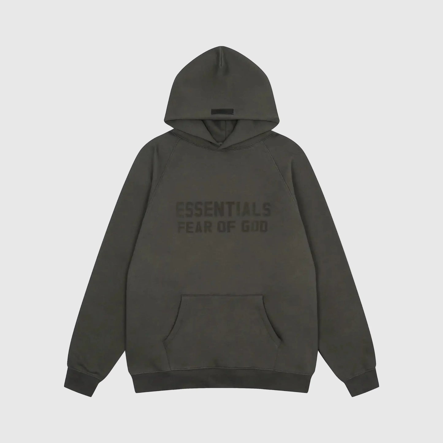 Fear of God Essentials ink hoodie front view with rubberized Black Bar branding