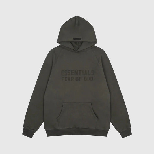 Fear of God Essentials ink hoodie front view with rubberized Black Bar branding