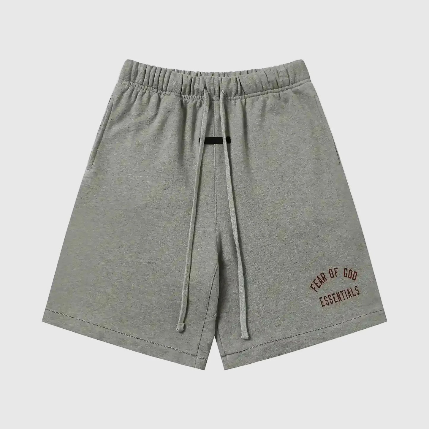 Essentials Dark Heather Oatmeal fleece shorts front view – Fear of God