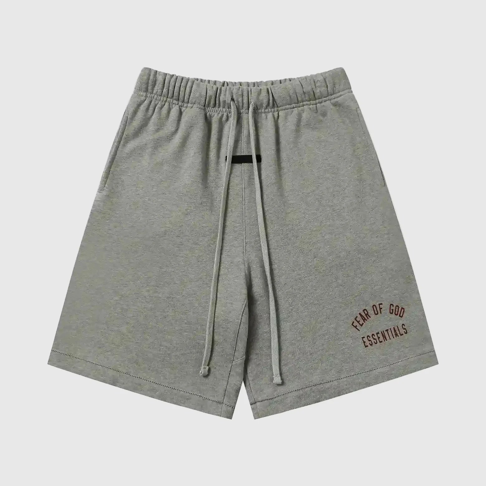 Essentials Dark Heather Oatmeal fleece shorts front view – Fear of God