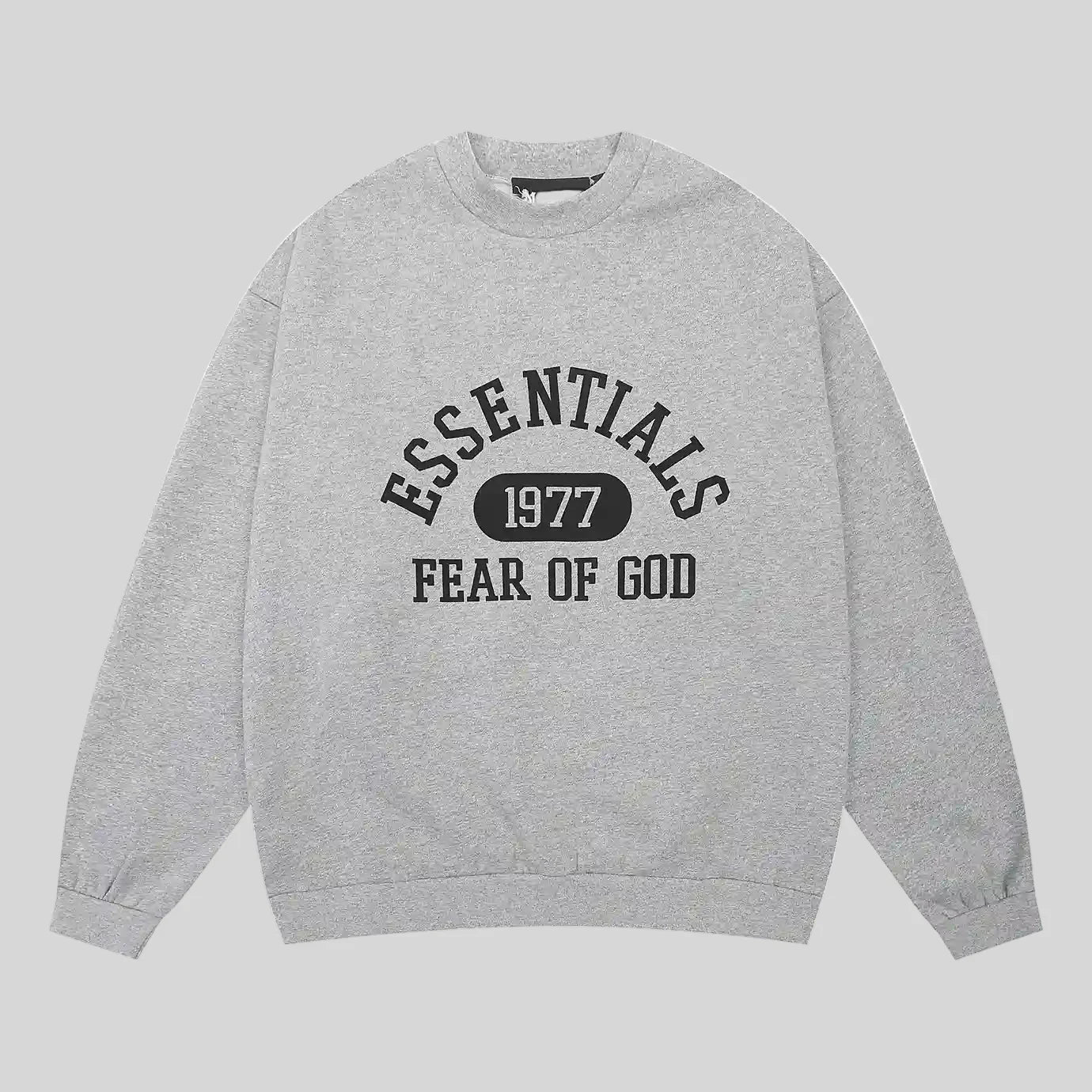 Fear of God Essentials dark heather oatmeal crewneck sweatshirt front view core fleece