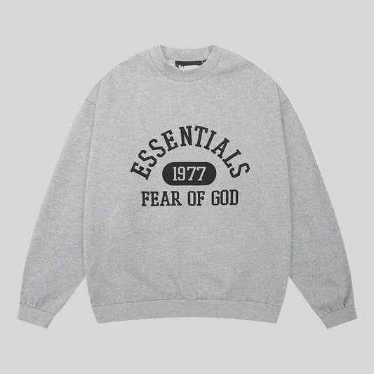 Fear of God Essentials dark heather oatmeal crewneck sweatshirt front view core fleece