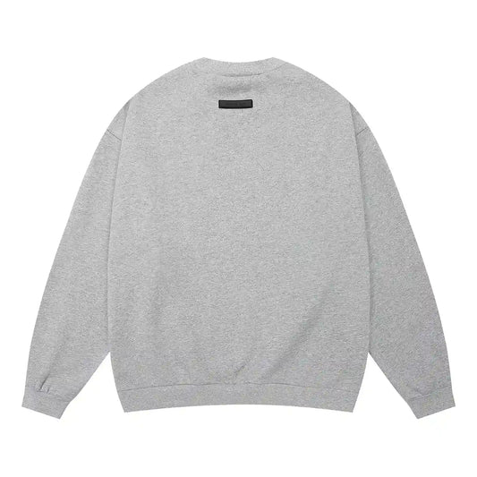 Essentials dark heather oatmeal sweatshirt back view beveled metallic logo branding