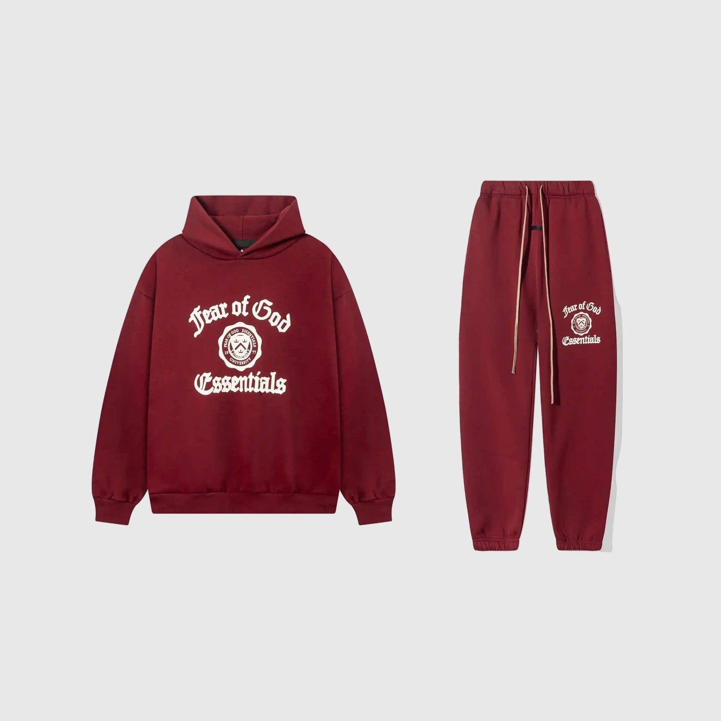 Essentials red core fleece tracksuit front view by Fear Of God