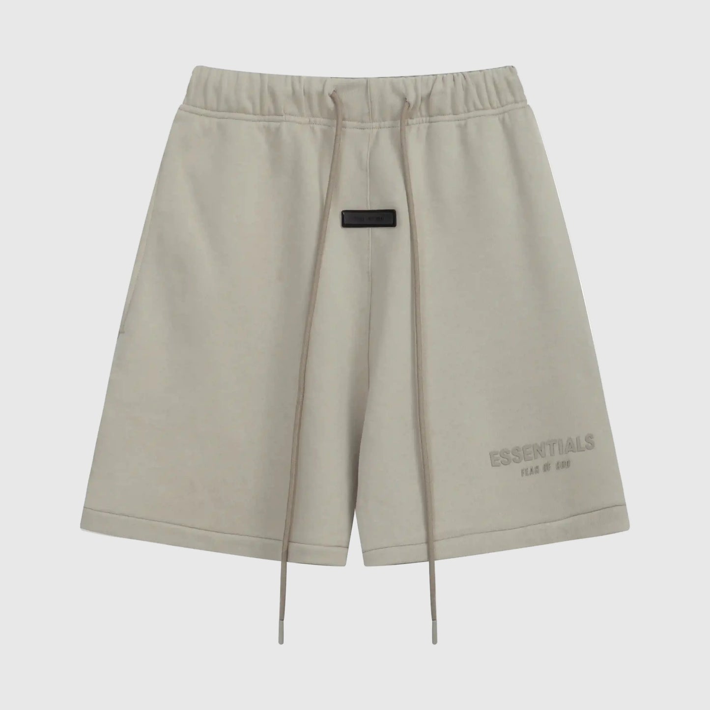 Fear of God Essentials pastel grey fleece shorts with tonal branding and relaxed fit