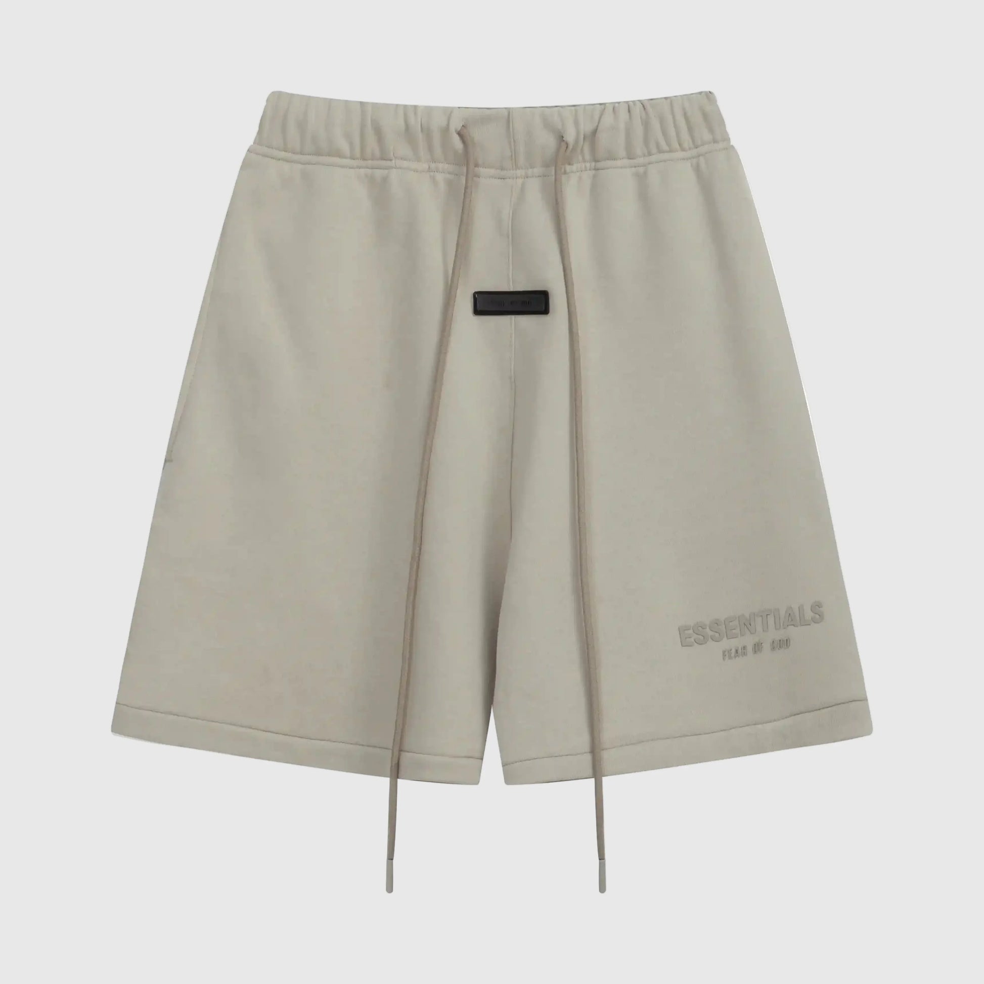 Fear of God Essentials pastel grey fleece shorts with tonal branding and relaxed fit