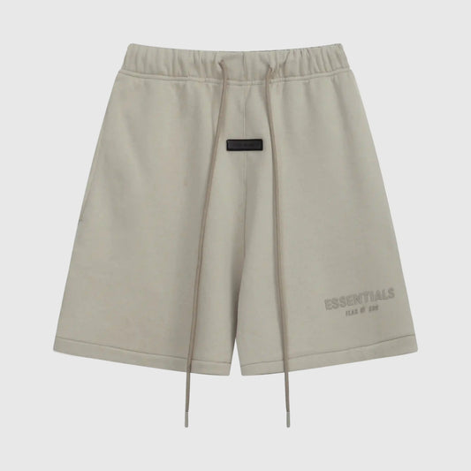 Fear of God Essentials pastel grey fleece shorts with tonal branding and relaxed fit