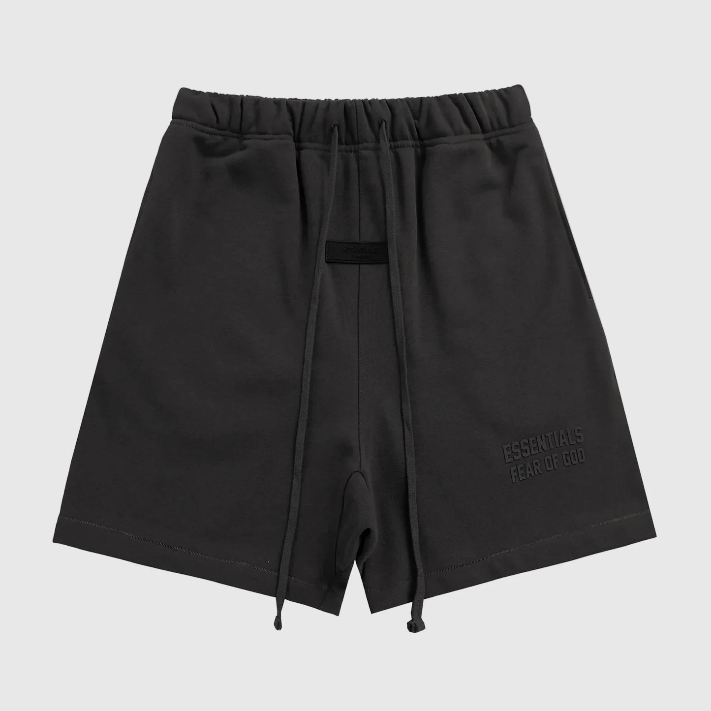 logo detail of Essentials dark heather oatmeal fleece shorts by Fear of God