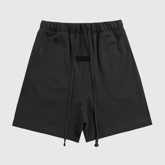 logo detail of Essentials dark heather oatmeal fleece shorts by Fear of God