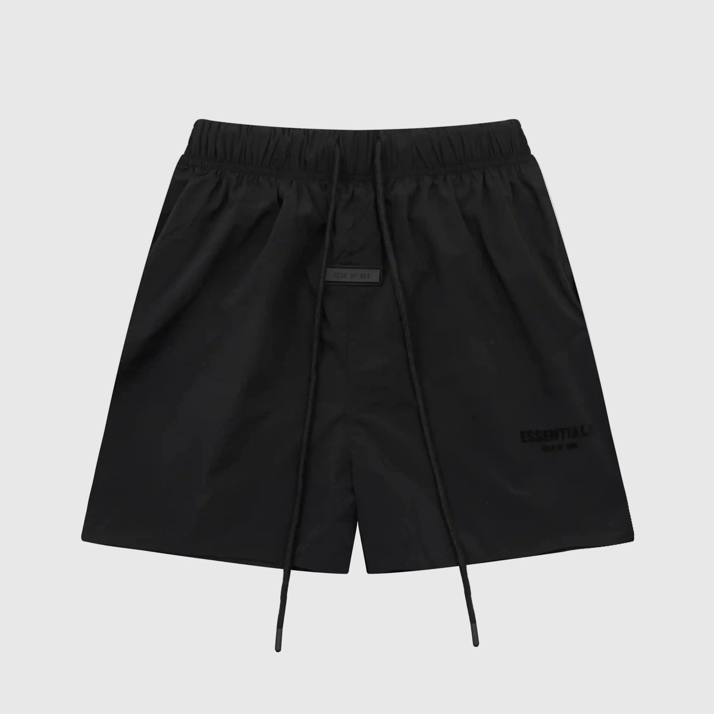 Fear of God Essentials black fleece shorts with tonal logo and long drawstrings