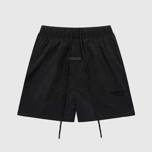 Fear of God Essentials black fleece shorts with tonal logo and long drawstrings