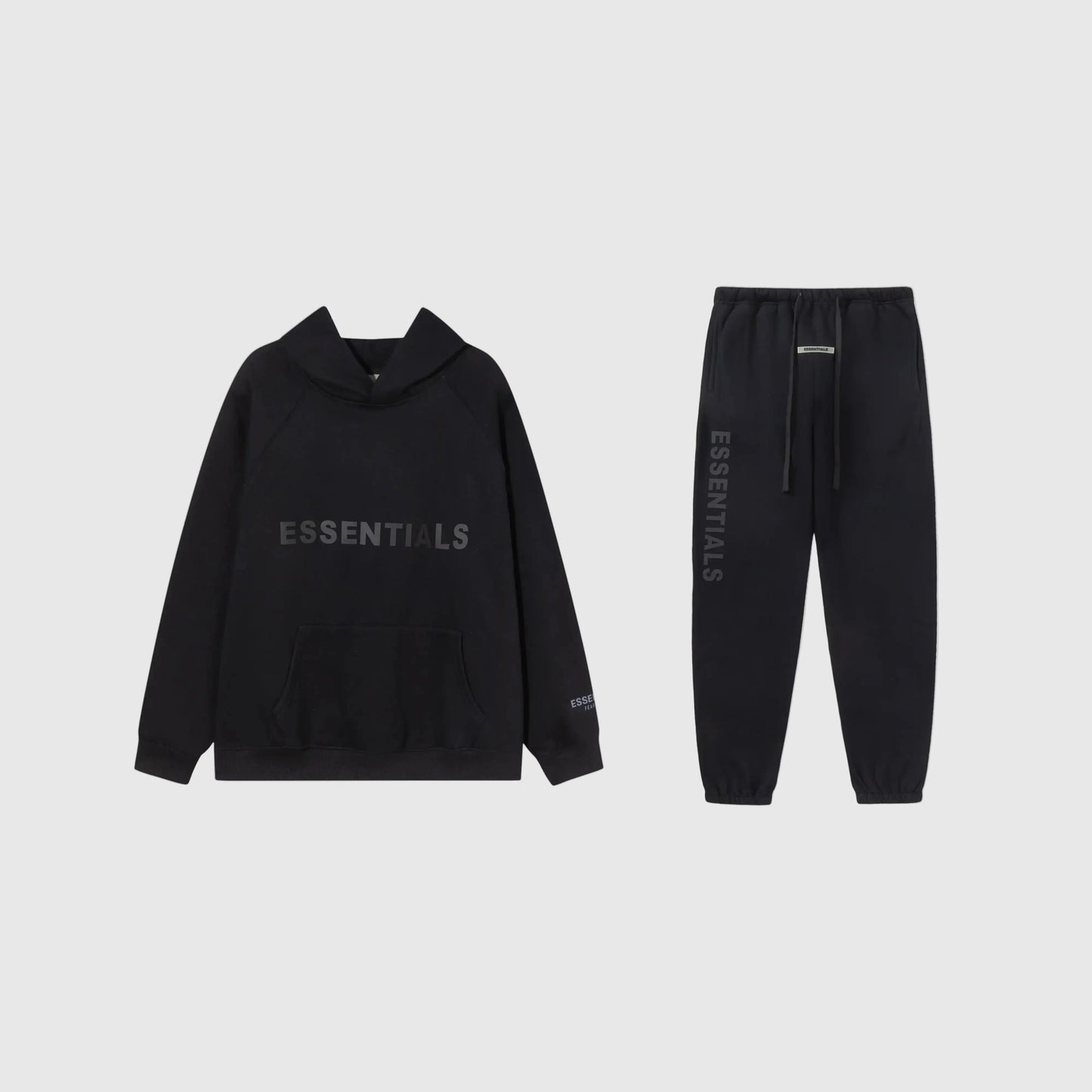 Fear of God Essentials black tracksuit set front view hoodie and joggers
