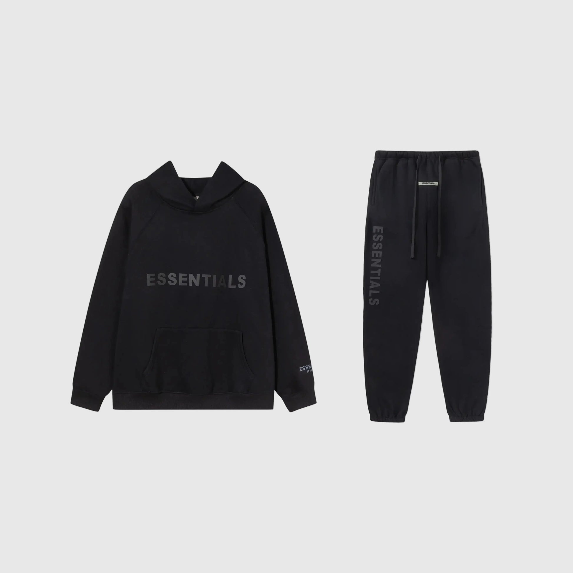 Fear of God Essentials black tracksuit set front view hoodie and joggers
