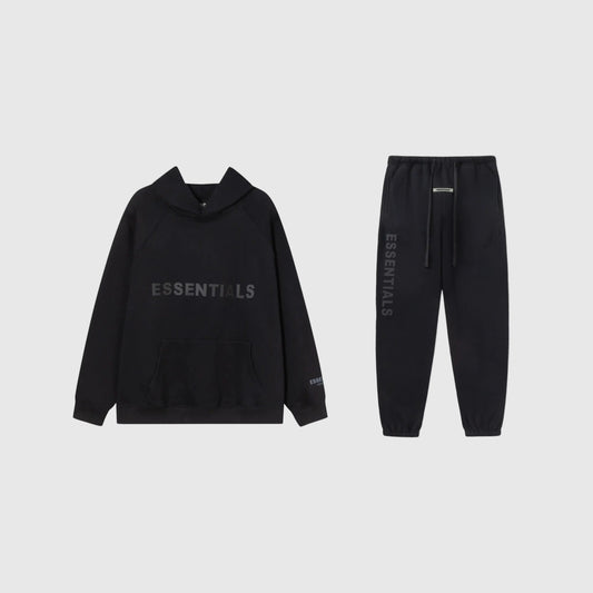 Fear of God Essentials black tracksuit set front view hoodie and joggers