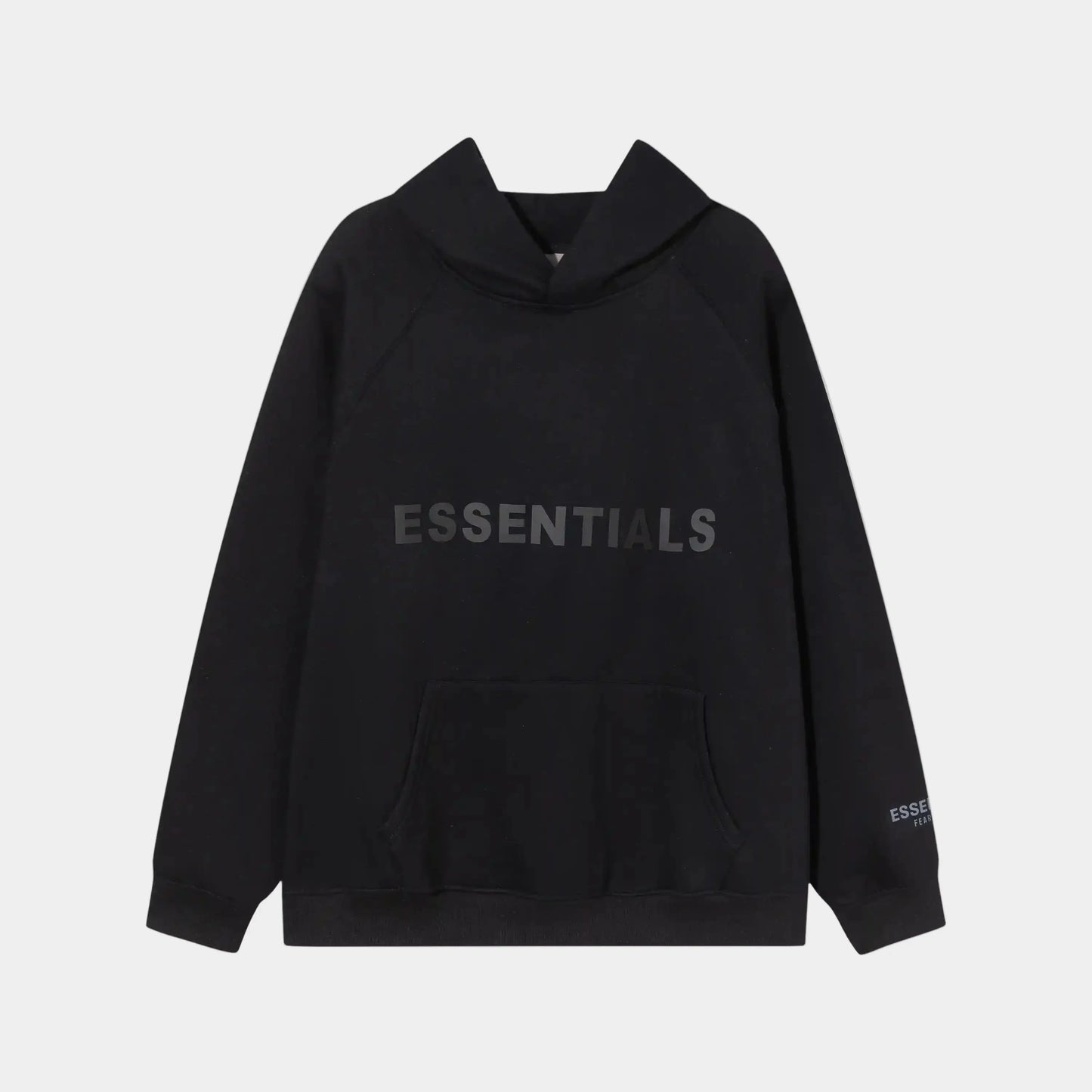 Fear of God Essentials black hoodie front view with rubberized black bar branding