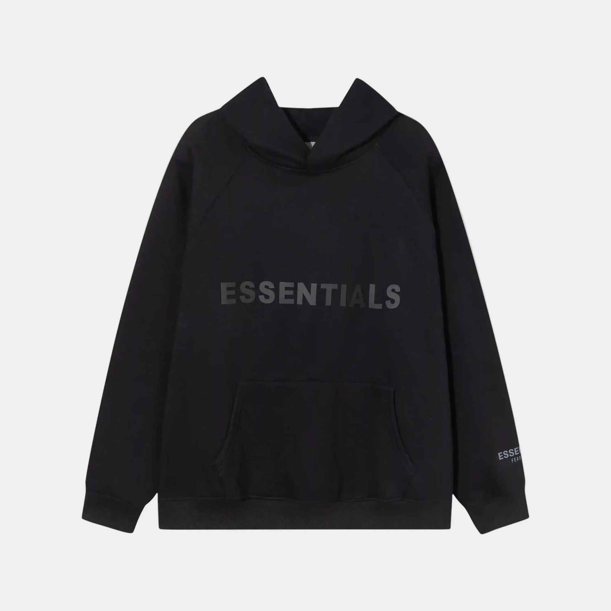 Fear of God Essentials black hoodie front view with rubberized black bar branding