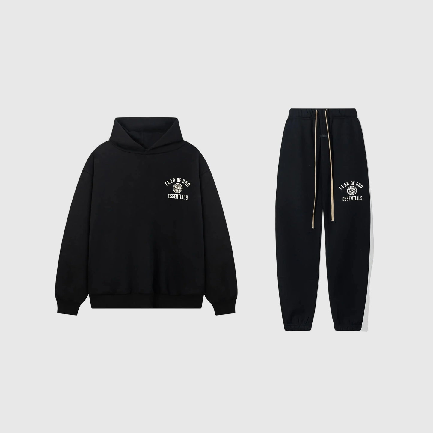 Fear of God Essentials black tracksuit front view hoodie and joggers