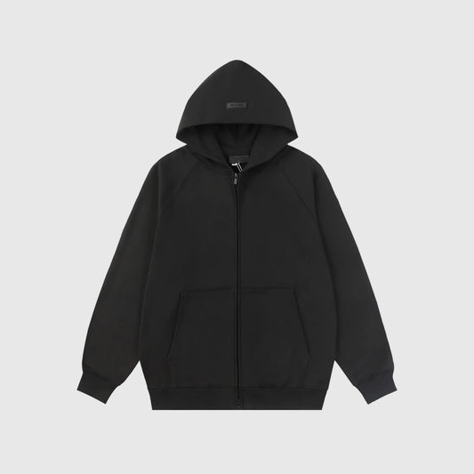 essentials black zip hoodie relaxed fit streetwear