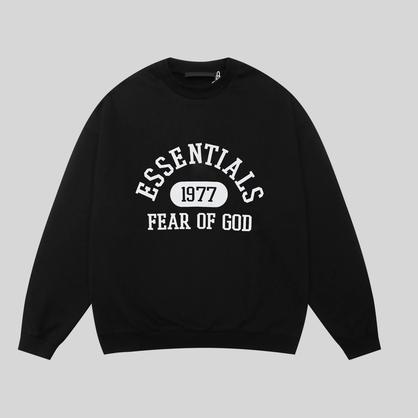 Fear of God Essentials black crewneck sweatshirt front view 380gsm core fleece