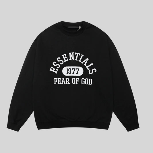 Fear of God Essentials black crewneck sweatshirt front view 380gsm core fleece