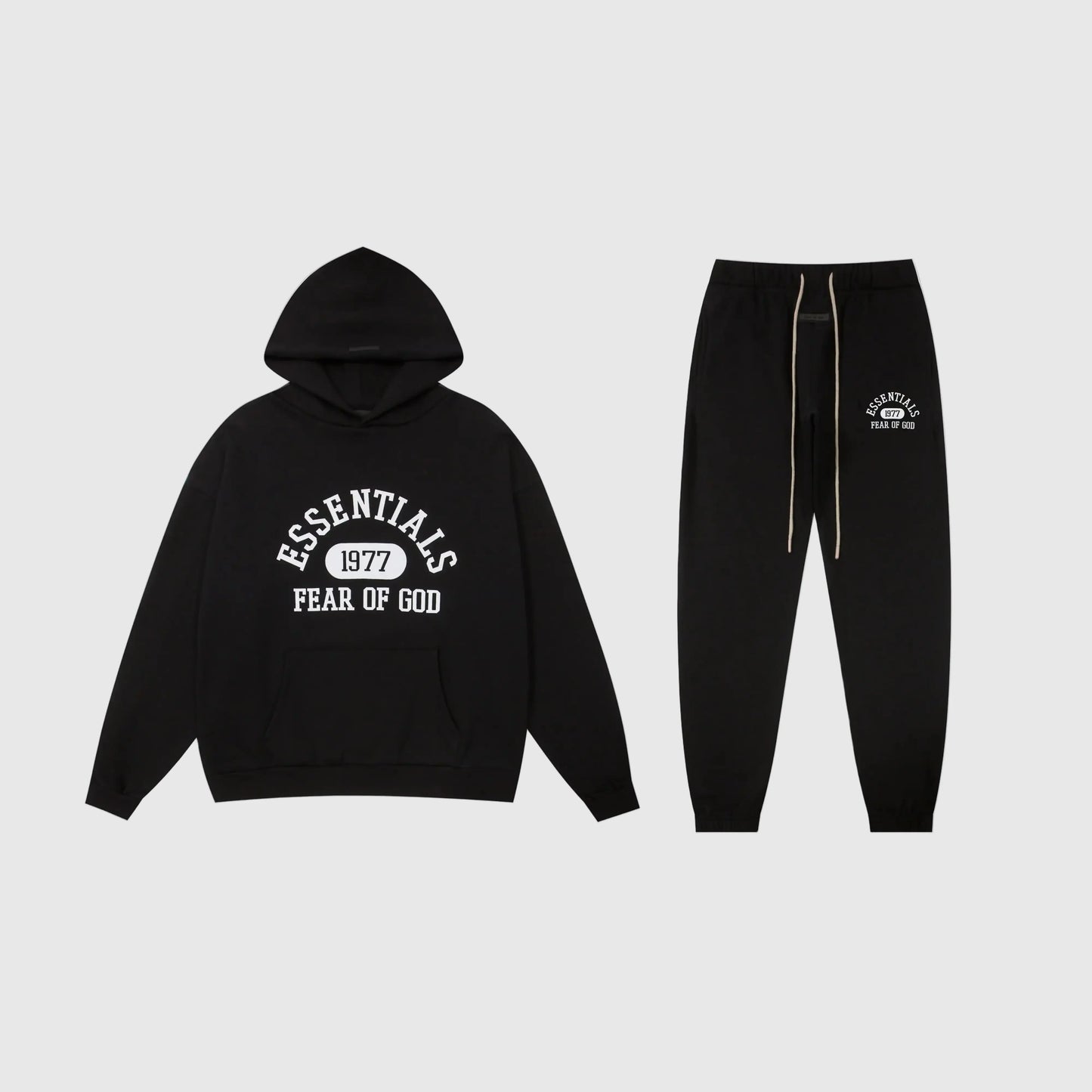 Essentials black lounge comfort fleece tracksuit set with relaxed fit by Fear Of God