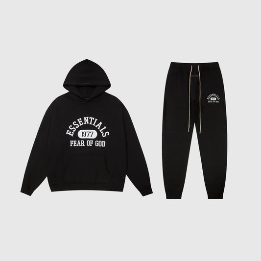 Essentials black lounge comfort fleece tracksuit set with relaxed fit by Fear Of God