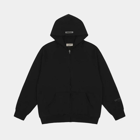 essentials black zip fleece hoodie relaxed fit streetwear