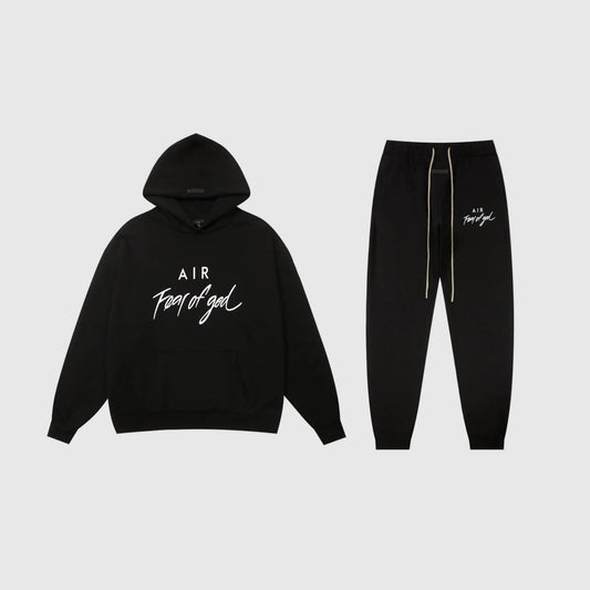Essentials black relaxed fleece tracksuit set with casual fit by Fear Of God

