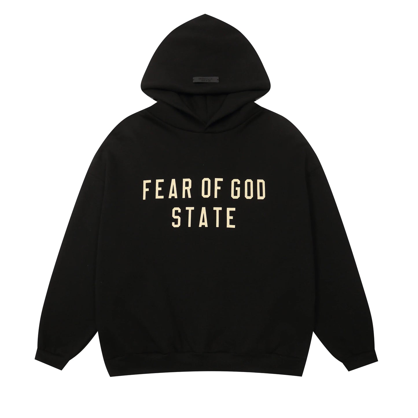 Essentials Black hoodie set branding detail close-up