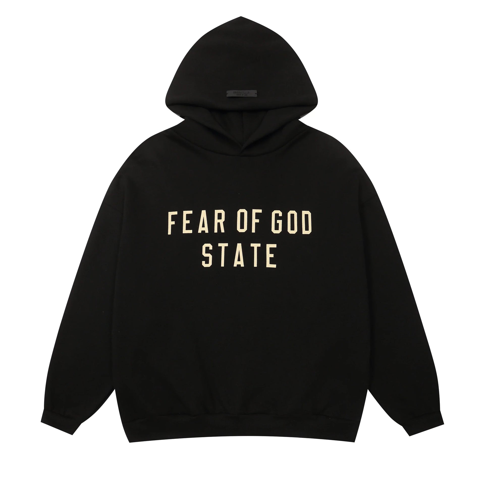 Essentials Black hoodie set branding detail close-up