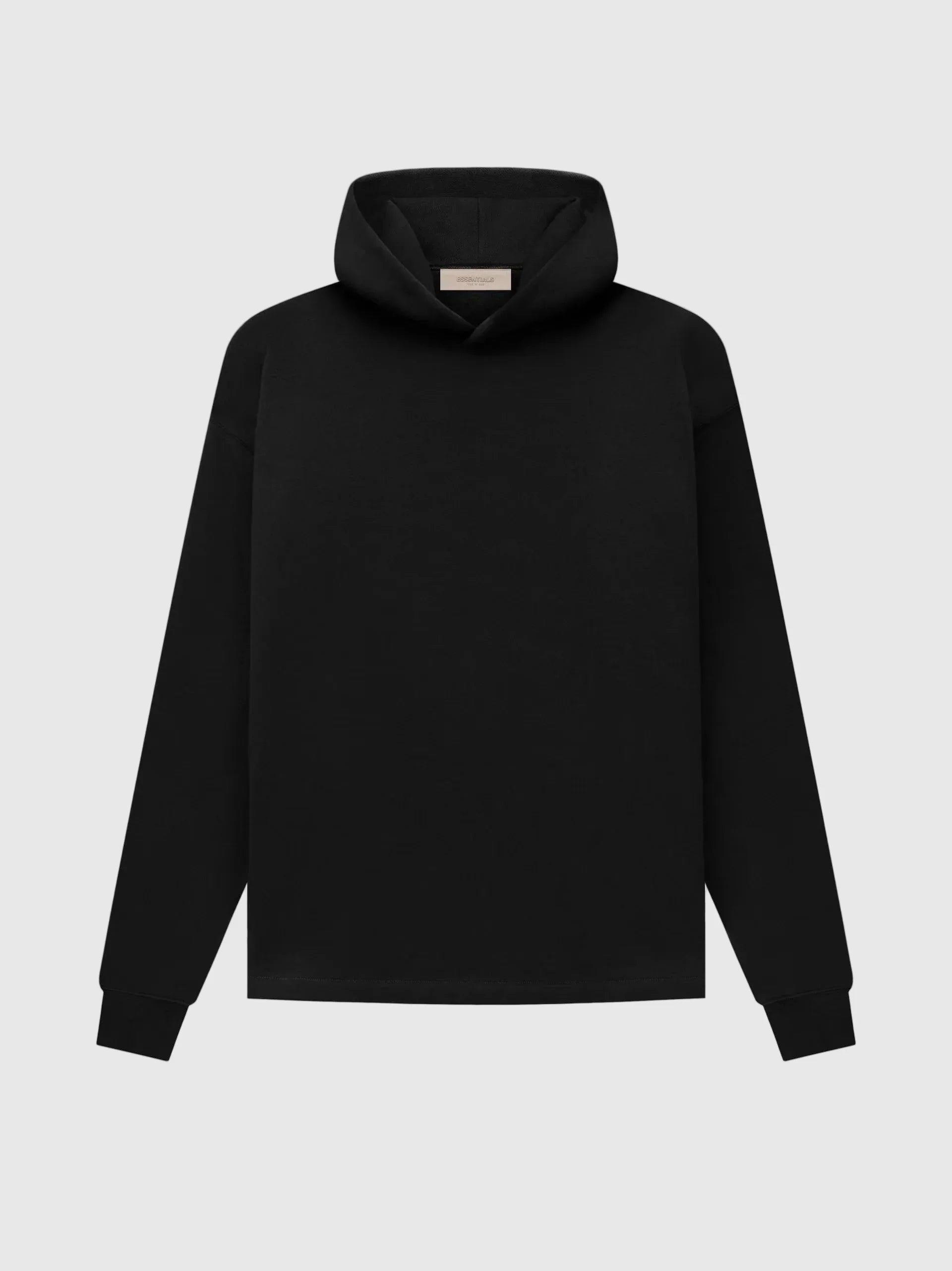 Fear of God Essentials black hoodie front view with minimalist rubberized bar branding