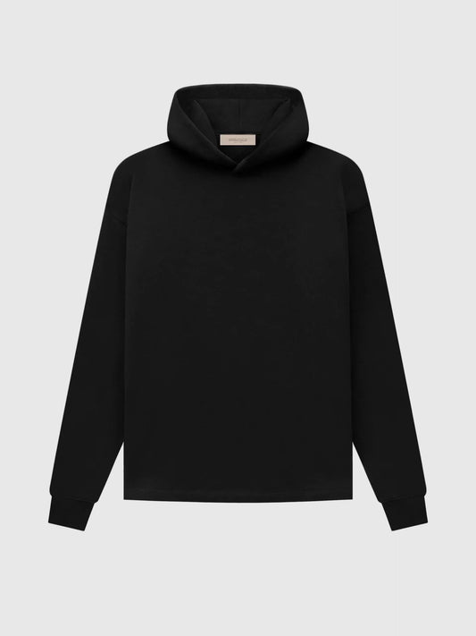 Fear of God Essentials black hoodie front view with minimalist rubberized bar branding