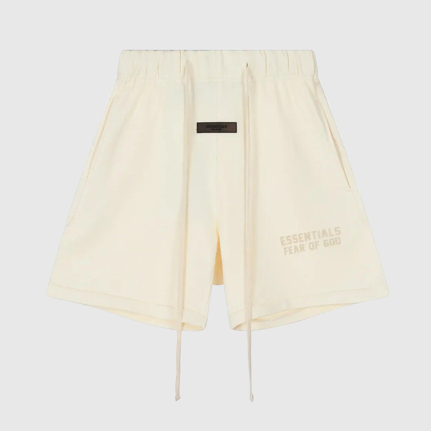 Fear of God Essentials Cloud Dance fleece shorts in neutral tone with tonal logo and relaxed silhouette