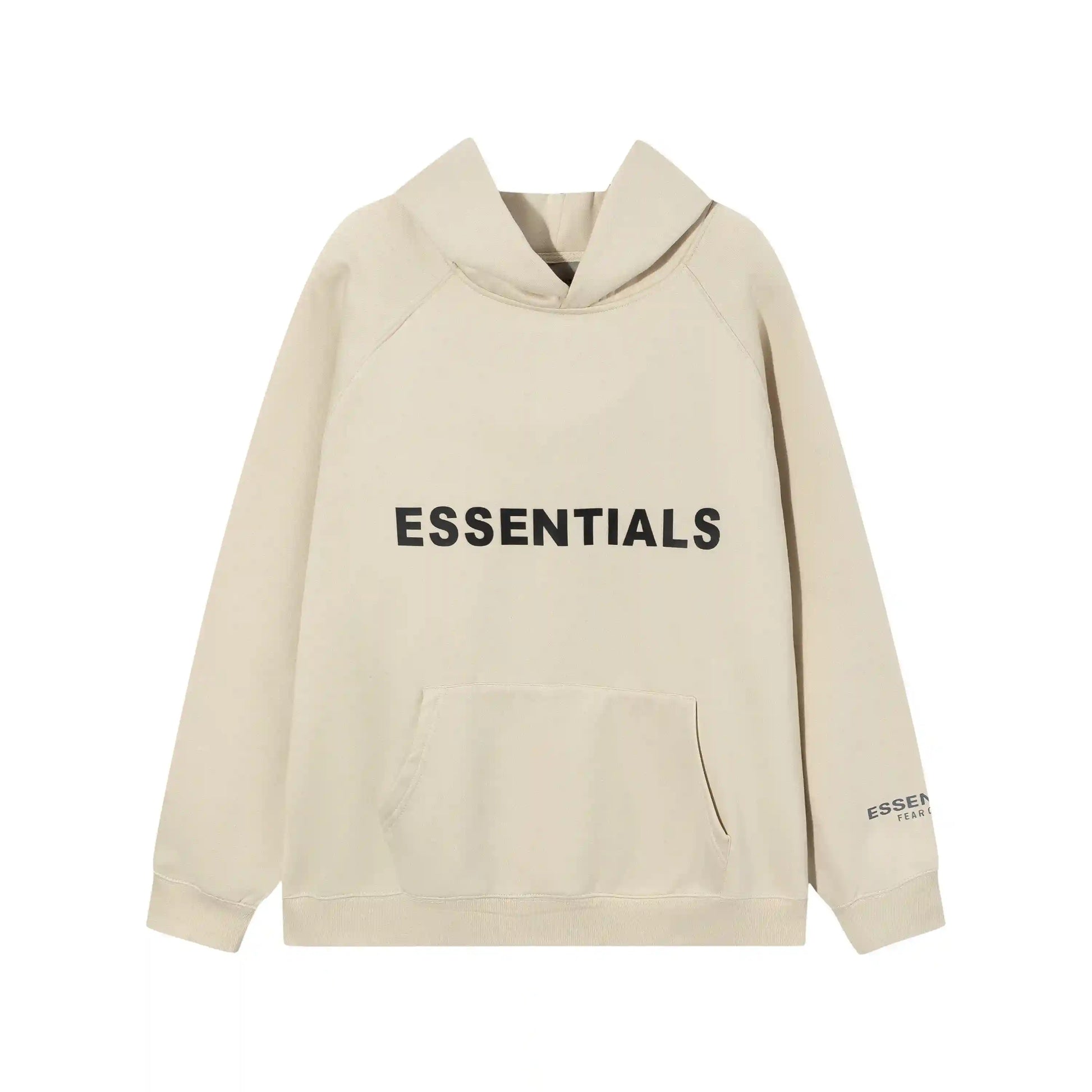 Essentials Beige hoodie set branding detail close-up
