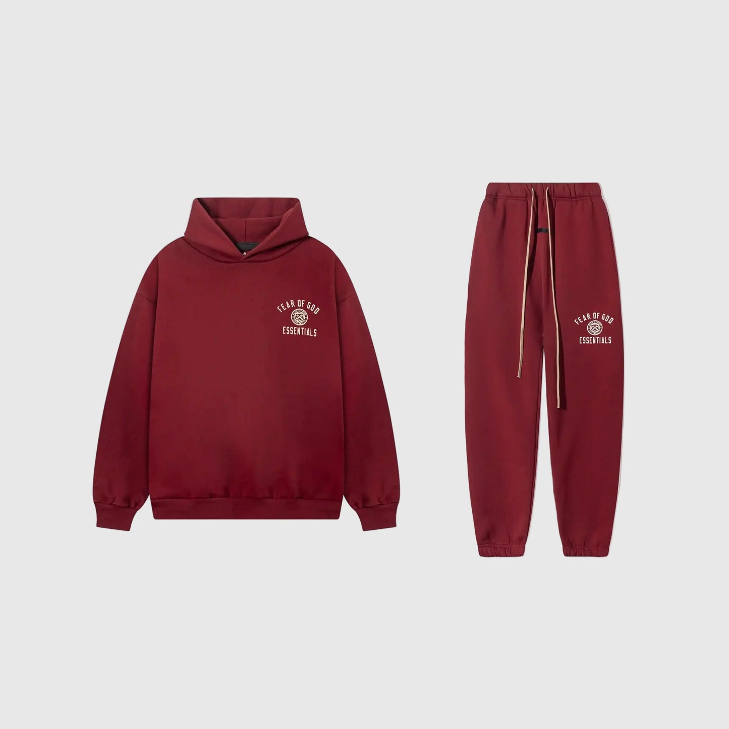 Essentials Dark Chestnut core fleece tracksuit front view by Fear Of God