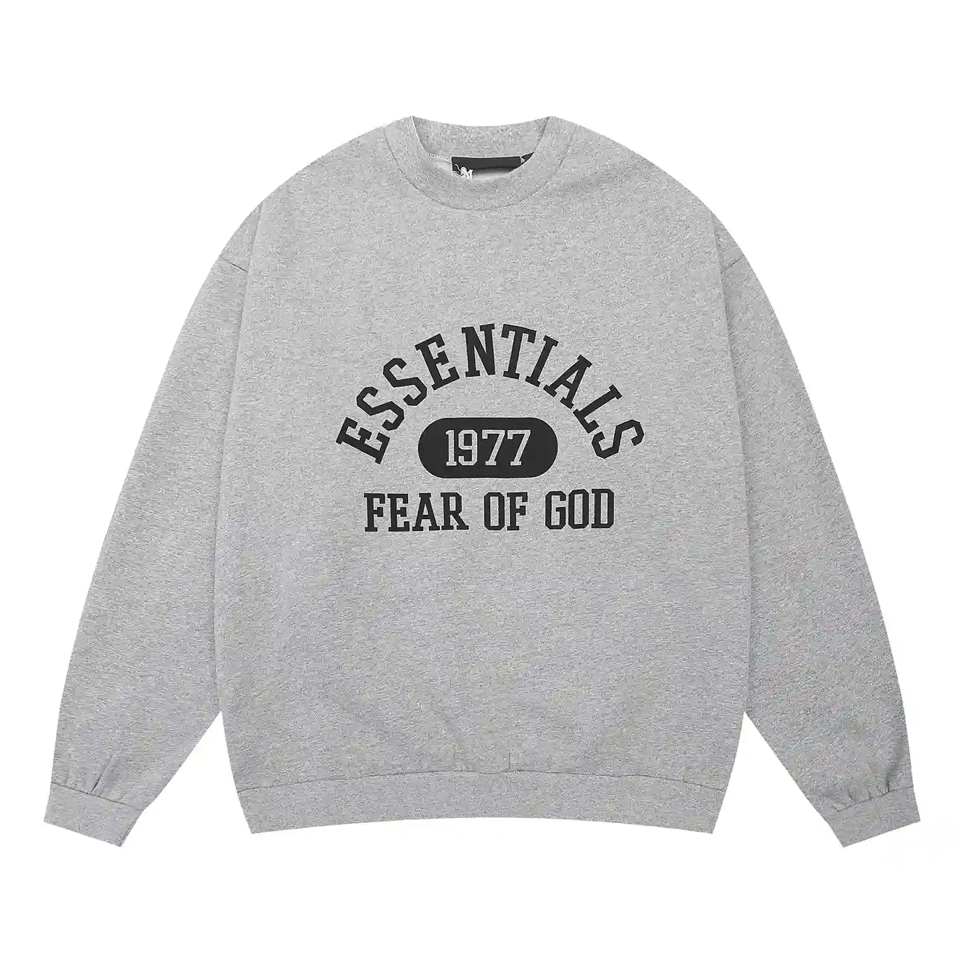 Essentials Dark Heather Oatmeal hoodie set branding detail close-up