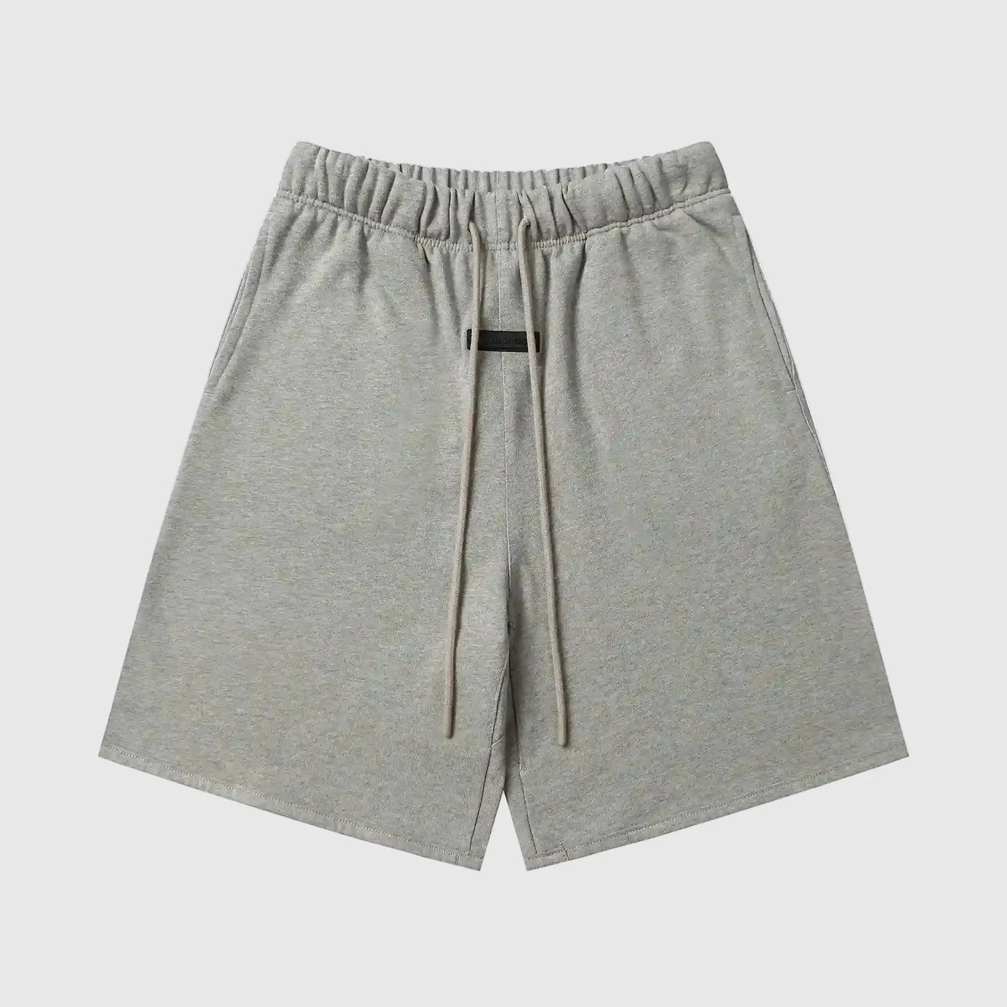 Essentials Dark Heather Oatmeal fleece shorts front view – Fear of God