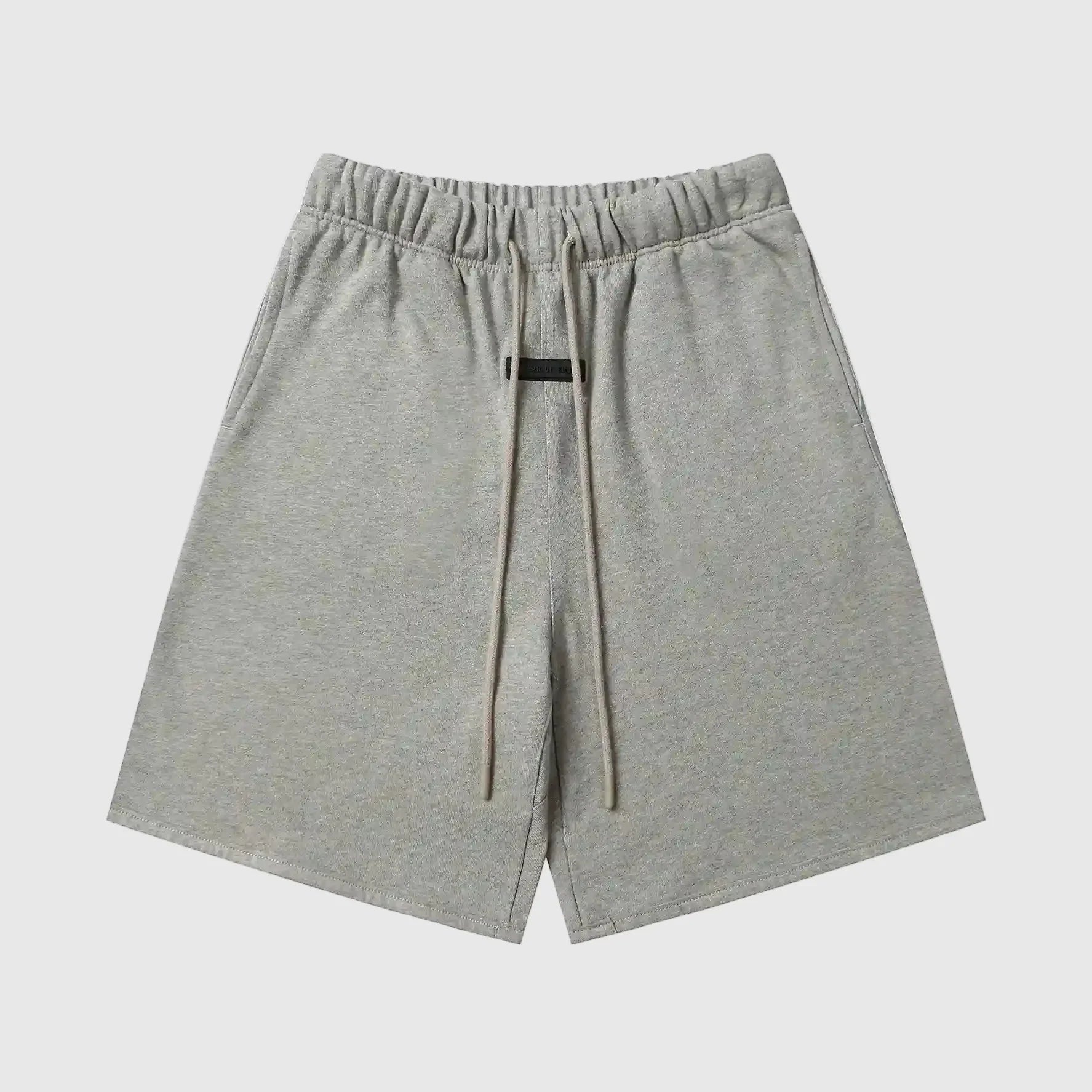 Essentials Dark Heather Oatmeal fleece shorts front view – Fear of God