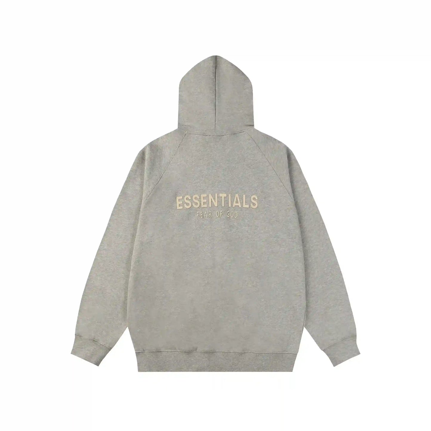 Essentials Light Heather oatmeal zip-up hoodie back view – Fear of God